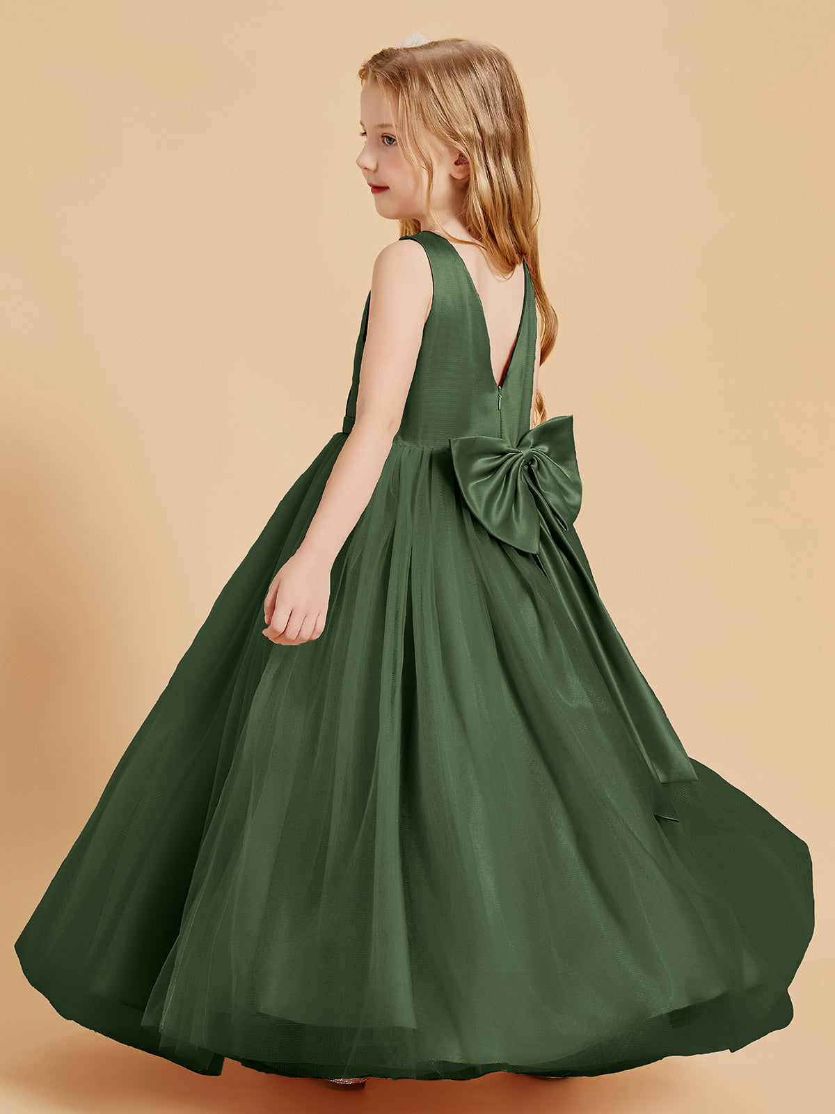 Tulle Junior Bridesmaid Dresses Satin Top Olive Green